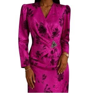 Vintage 80s Fuchsia Floral Skirt Suit Blazer Matching, Two-Piece Set, Size Small